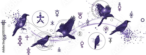 Slika na platnu Celestial raven banner vector illustration with flying birds and alchemical sigi