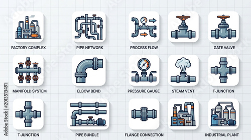 Foto Collection of plumbing and industrial pipe fittings icons.