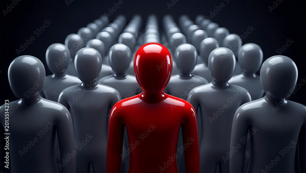 Fototapeta premium Red Leader Standing Out from Crowd with Business Leadership Influence and Team Management Concept