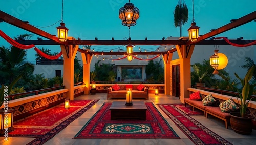 Indian-themed terrace with colorful rugs, low seating, and traditional lanterns