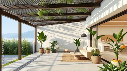 Indoor-outdoor seamless terrace design, biophilic elements, 3D realistic visualization