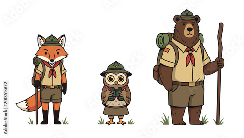 Three cartoon animals dressed as scouts, including a fox, owl, and bear, ready for an outdoor adventure.