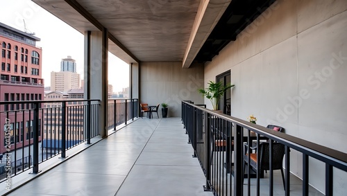 Industrial luxury terrace, exposed concrete, metal railing, chic urban decor