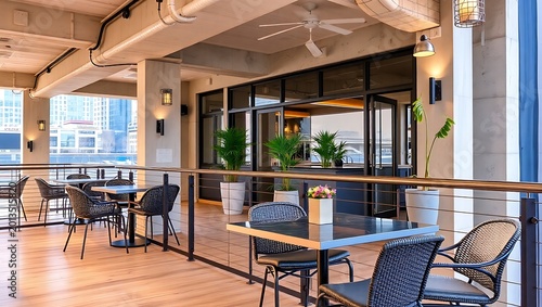Industrial luxury terrace, exposed concrete, metal railing, chic urban decor