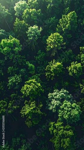 Lush green forest from above sunlight.