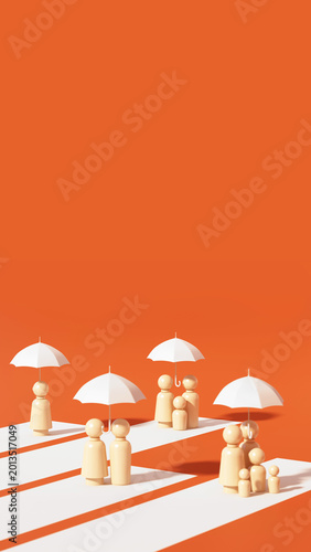 Families standing under umbrellas as a symbol of life insurance, financial protection, safety, and secure future planning, 3d rendering.