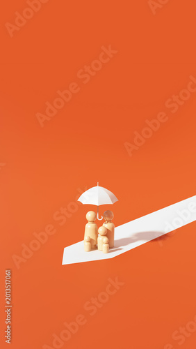 Family protected under an umbrella on a minimal path, representing insurance planning, safety, care, support, and secure protection, 3d rendering.