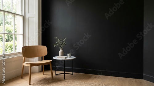 Empty Black Wall Mockup in Minimalist Interior with Wooden Chair and a Marble Table. Natural Daylight From a Window. Promotion Background.