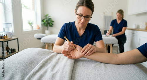 A female therapist in blue scrubs applies pressure to a patient's wrist using a golden reflexology wand inside a modern wellness clinic while an assistant takes notes in the background.