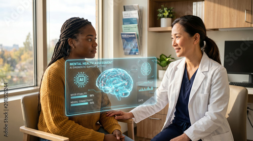 Compassionate mental health assessment healthcare facility hyperrealistic image professional environment close-up perspective