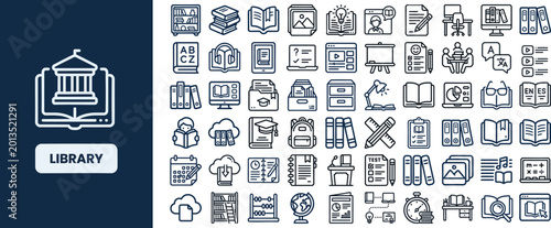 Foto Library and Book Collection outline icon set