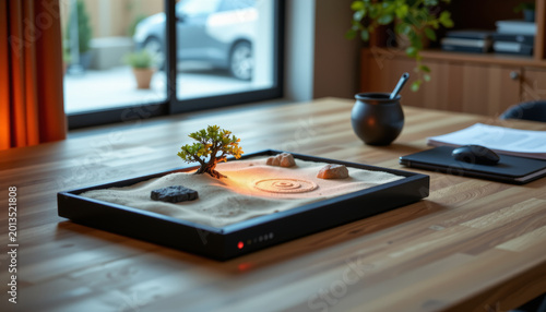 Futuristic smart Zen garden on a professional wooden desk, symbolizing mindfulness and stress relief in the modern workplace.