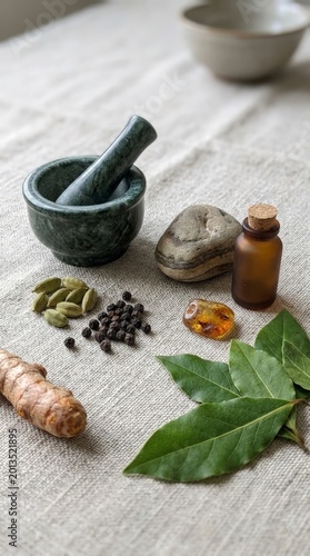 Mortar and pestle with spices and herbs