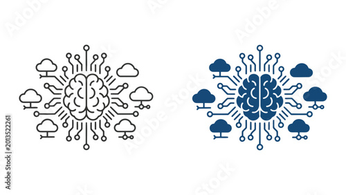 Cloud computing brain network connection icon set for artificial intelligence and global data systems in flat vector illustration style