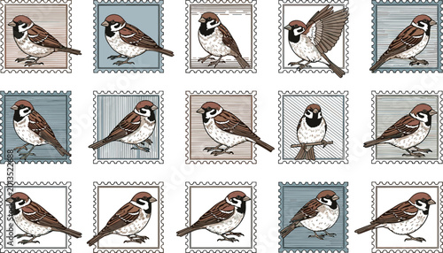 Vintage sparrow bird postage stamp collection set featuring line art illustrations on textured backgrounds for mail philately and decorative design