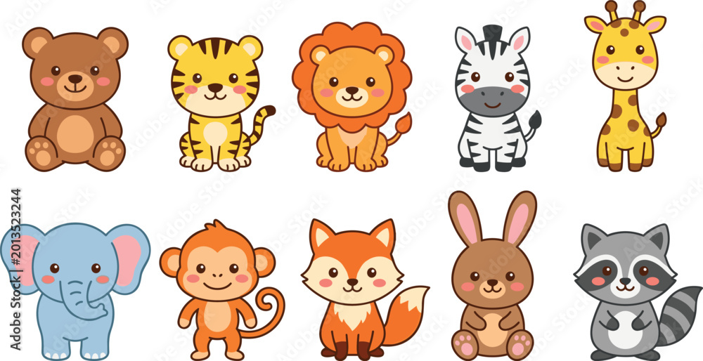 Obraz premium Kawaii Style Baby Animal Vector Collection Featuring Lion, Tiger, Bear, Elephant, Giraffe, Zebra, Fox, and Raccoon for Nursery Decor, Kids Stickers, and Stationery Designs
