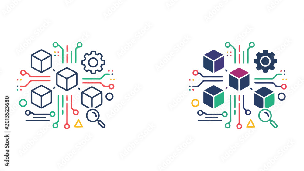 Fototapeta premium Data block chain and digital research icon set featuring cubes and circuit board paths for blockchain technology and data analytics concepts in line and solid vector illustration on white