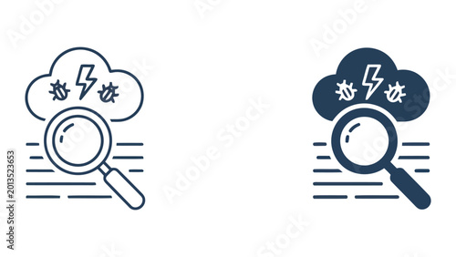 Cloud computing bug detection icon with magnifying glass and lightning bolt symbol in professional flat vector style