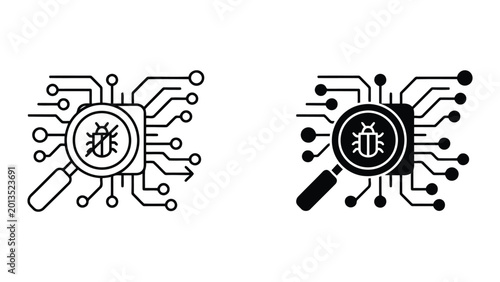 Computer chip bug detection and malware analysis icon set with magnifying glass and circuit board lines for software development and cybersecurity conceptual design in flat vector style