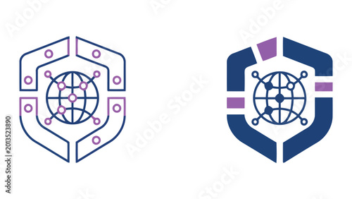Foto Global network security shield icon with central earth globe and protective casi