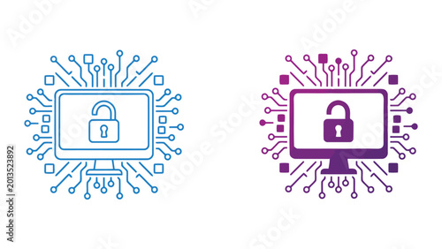 Tableau sur toile Computer security and unlocked data access icon set with circuit board motherboa