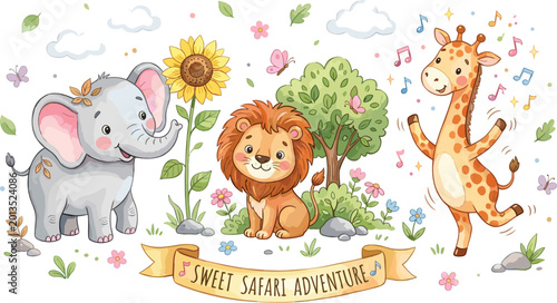 Photography Sweet Safari Adventure Vector Scene with Cute Elephant, Lion, and Dancing Giraff
