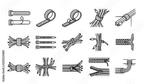 Bild auf Leinwand Cable management icon set – hook and loop, zip tie, wire sleeve thin line vector