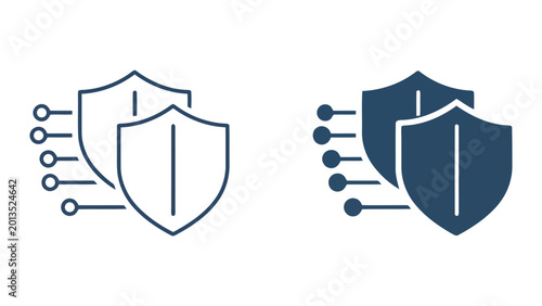 Photos Network security dual shield icon with integrated circuit nodes in dark blue out