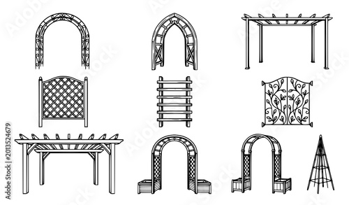 Obraz na płótnie Garden arch and trellis line art vector set – outdoor decorative plant structure