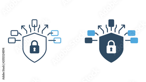 Cybersecurity data protection and shield encryption icons with secure network nodes for information privacy and digital asset security solutions