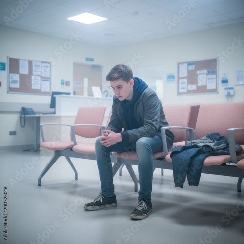 Young man sitting alone on chairs in a clinic lobby waiting for news for healthcare access, youth mental wellbeing marketing and medical services advertising