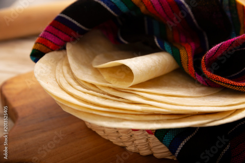 Obraz na płótnie Flour Tortillas, called Tortillas de Harina, is a flat bread made with wheat flour and lard or butter, without yeast, and widely consumed daily in Mexico, especially in the north of the country