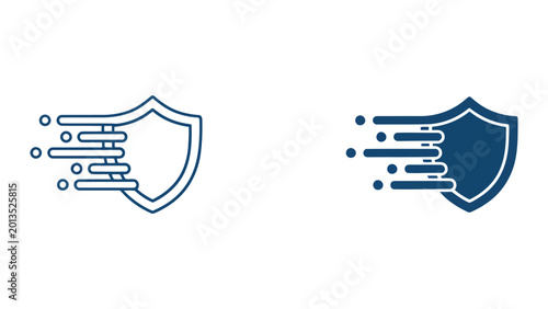 Set of speed shield icons representing digital security and rapid data protection in linear and solid styles isolated on white background for cybersecurity concepts