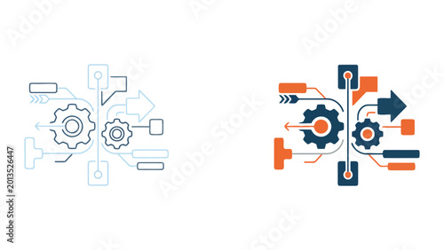 Workflow automation and digital business process integration icon set with gears and communication bubbles for project management