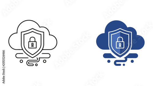 Cuadro en lienzo Cloud storage security shield with padlock and data stream lines representing pr