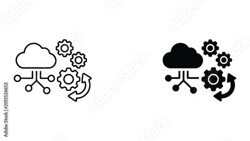 Cloud computing system optimization with gear icons and network nodes as a flat vector illustration for IT services