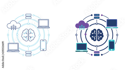 Cloud computing and smart device network icon set featuring central brain node for IoT and digital ecosystem management in dual linear and solid vector style on white background