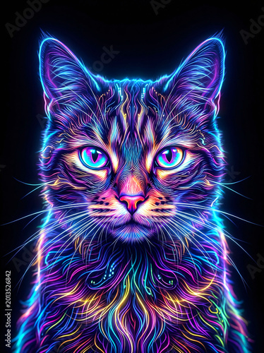 Portrait of   cat in glowing neon blue,  red and yellow in dark background
