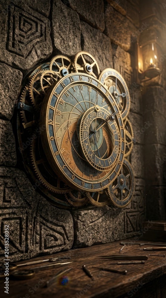 Naklejka premium Antique astronomical clock with gears on stone wall