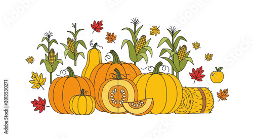 Foto Autumn Harvest: Pumpkins, Corn, Gourds, Hay Bale, and Fall Leaves Illustration