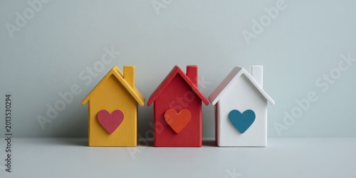 Three small wooden house models with heart shapes standing in row against light grey background symbolizing family bonding emotional security and connected home lifestyle concept