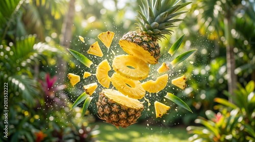 Exploding fresh pineapple slices with juice droplets in a tropical garden setting.