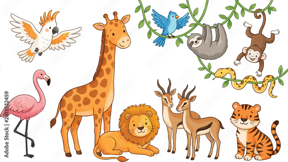 Obraz premium Adorable Safari and Jungle Animal Vector Collection Featuring Giraffe, Lion, Tiger, Monkey, Sloth, and Exotic Birds for Nursery Art, Children's Books, and Educational Designs
