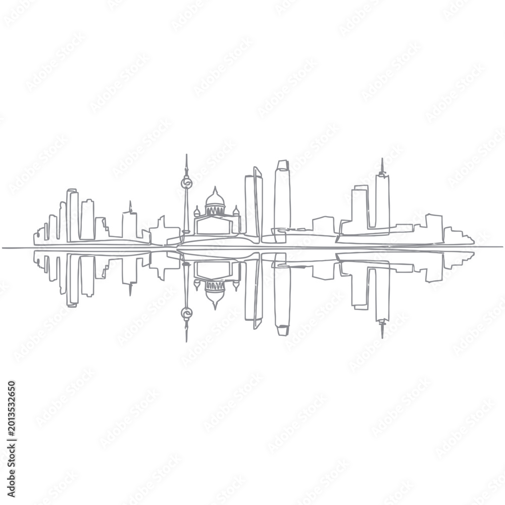 Naklejka premium Minimalist City Skyline Reflection Line Art