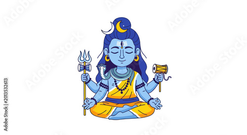 Bild auf Leinwand Cute Cartoon Lord Shiva Meditating with Trident and Damaru, Indian Deity