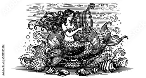 Foto Mermaid playing harp on ocean waves with seashells