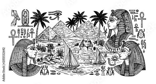 Tableau sur toile Intricate ancient egypt illustration with pyramids pharaohs and nile river scene