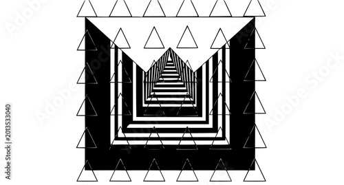 Schilderij op canvas Infinite tunnel illusion black and white geometric pattern with recursive triang