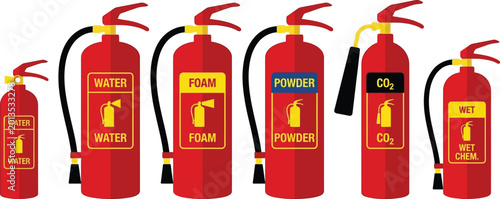 Comprehensive set of fire extinguisher types including water foam powder CO2 and wet chemical depicted in a modern flat vector style for safety education and emergency response graphics
