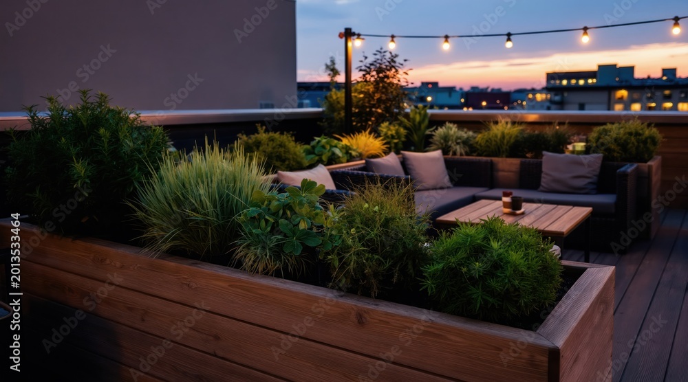 Naklejka premium Rooftop terrace lounge with plush sofa seating, wooden table furniture, surrounded by green plants, city views at twilight. String lights glow warmly overhead creating inviting ambiance for